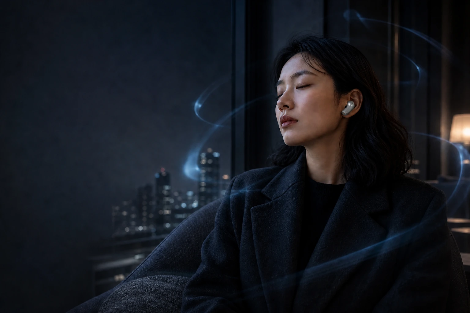 戴着 Vela One 耳机聆听音乐的人
